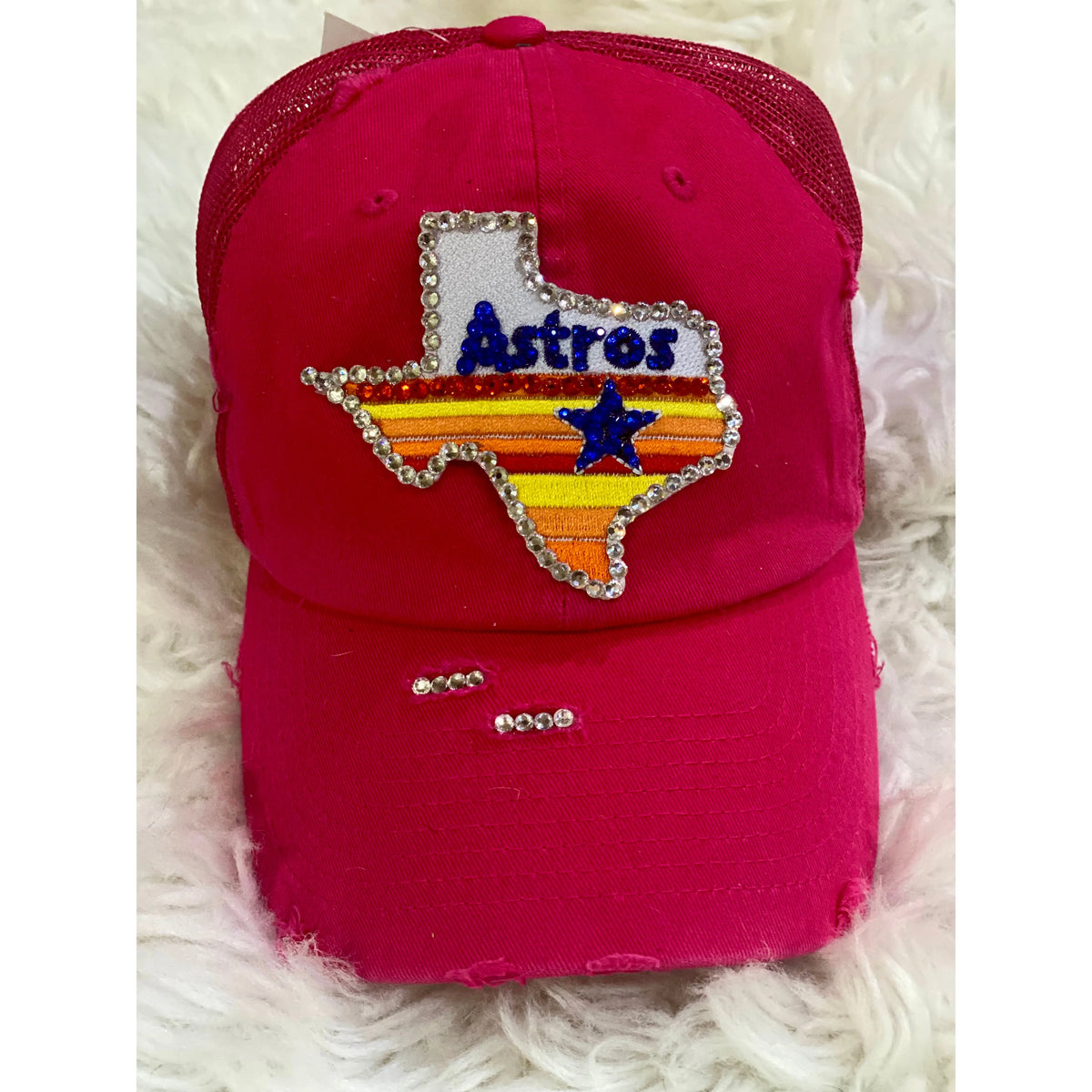 Hot Pink Distressed Truckers Cap with Rhinestone Texas Astros Patch