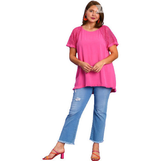 Hot Pink Linen Plus Top with Crochet Sleeves