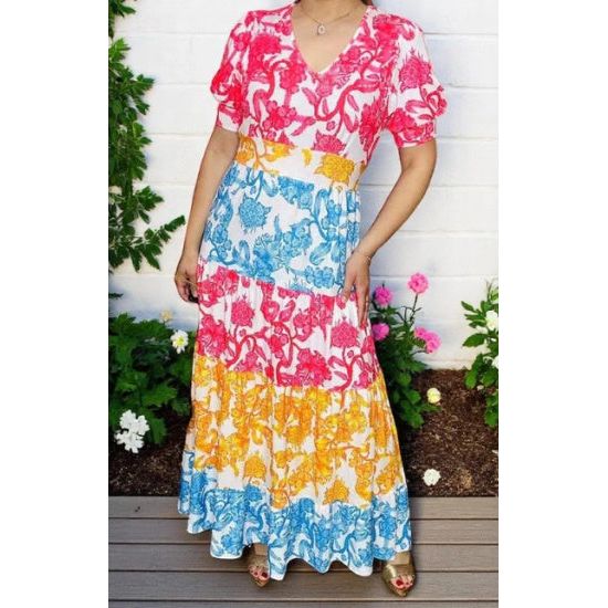 Maxi dress wholesale Floral printed color block & short sleeve & v-neckline XCH16160 M (US 8-10 ) Maxi dress wholesale Floral printed color block & short sleeve & v-neckline XCH16160 M (US 8-10 )