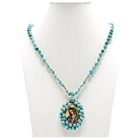 Long Turquoise Beaded Necklace with Virgin Mary Pendant