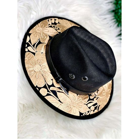 Black Embroidered Fedora Style Hat