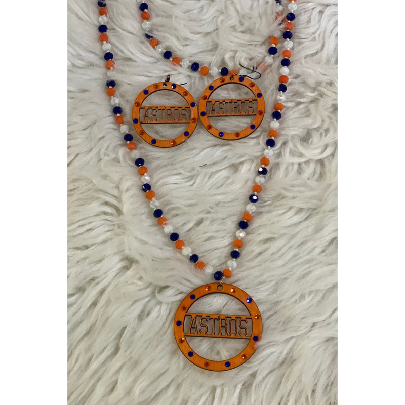 Long Beaded Necklace with Astros Wooden Medallion - Rhinestone Gal