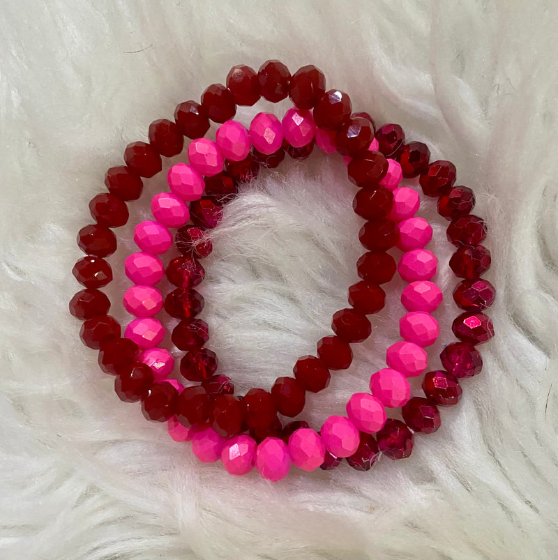 3 Red, Matt Red and Hot Pink Beaded Stretchy Bracelets
