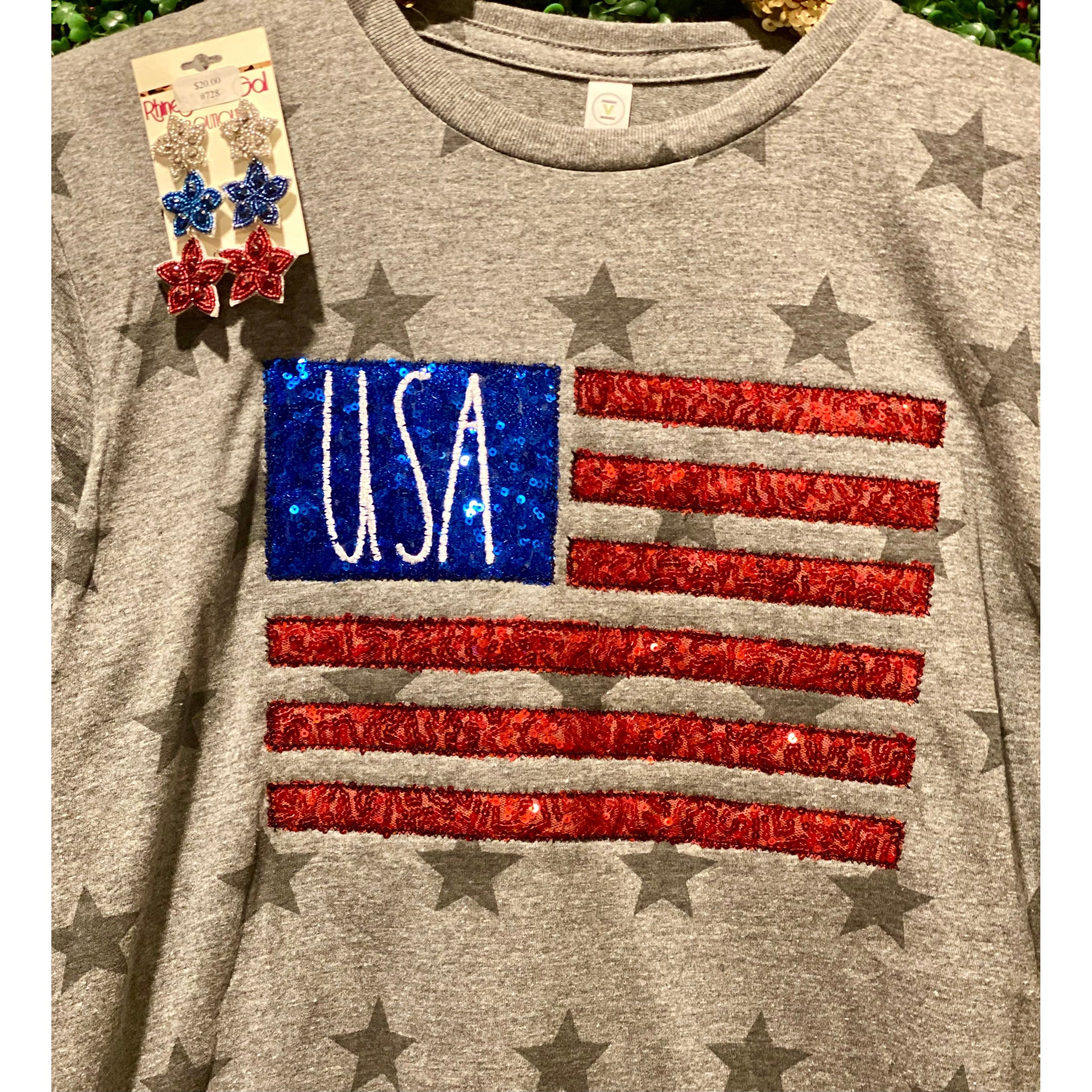 USA Patriotic Sequin Flag Sewn on Gray Star Tee