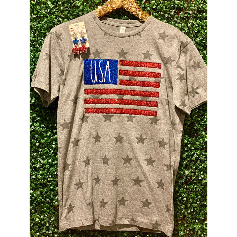 USA Patriotic Sequin Flag Sewn on Gray Star Tee