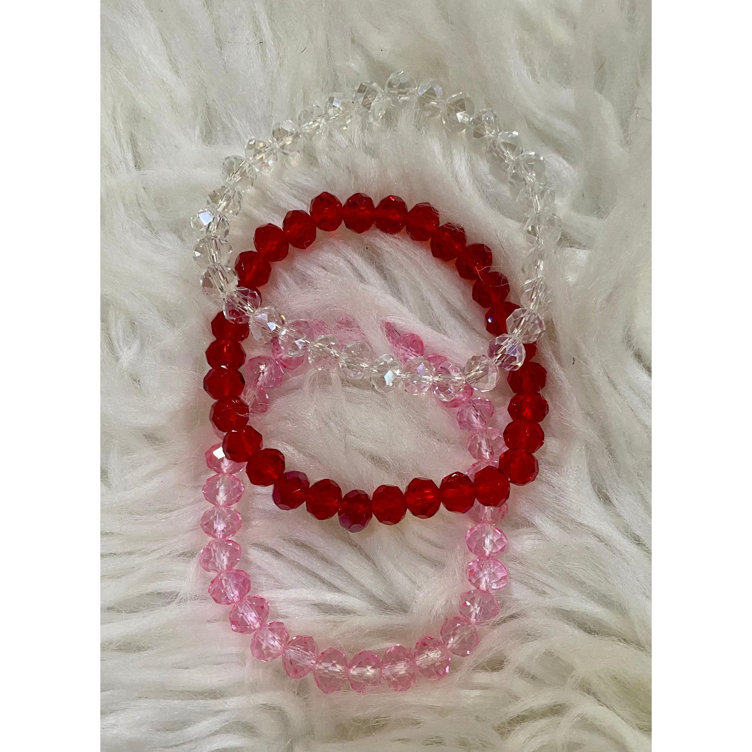 3 Red, Pink and Clear Stretchy Beaded Bracelets