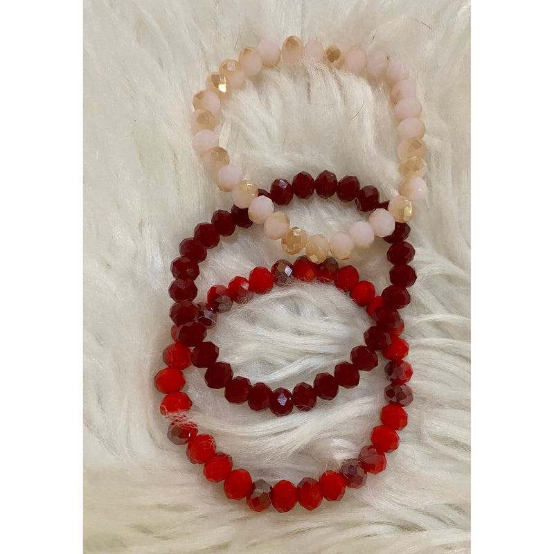 3 Deep Red, Multi Red and Peach Beaded Stretchy Bracelets