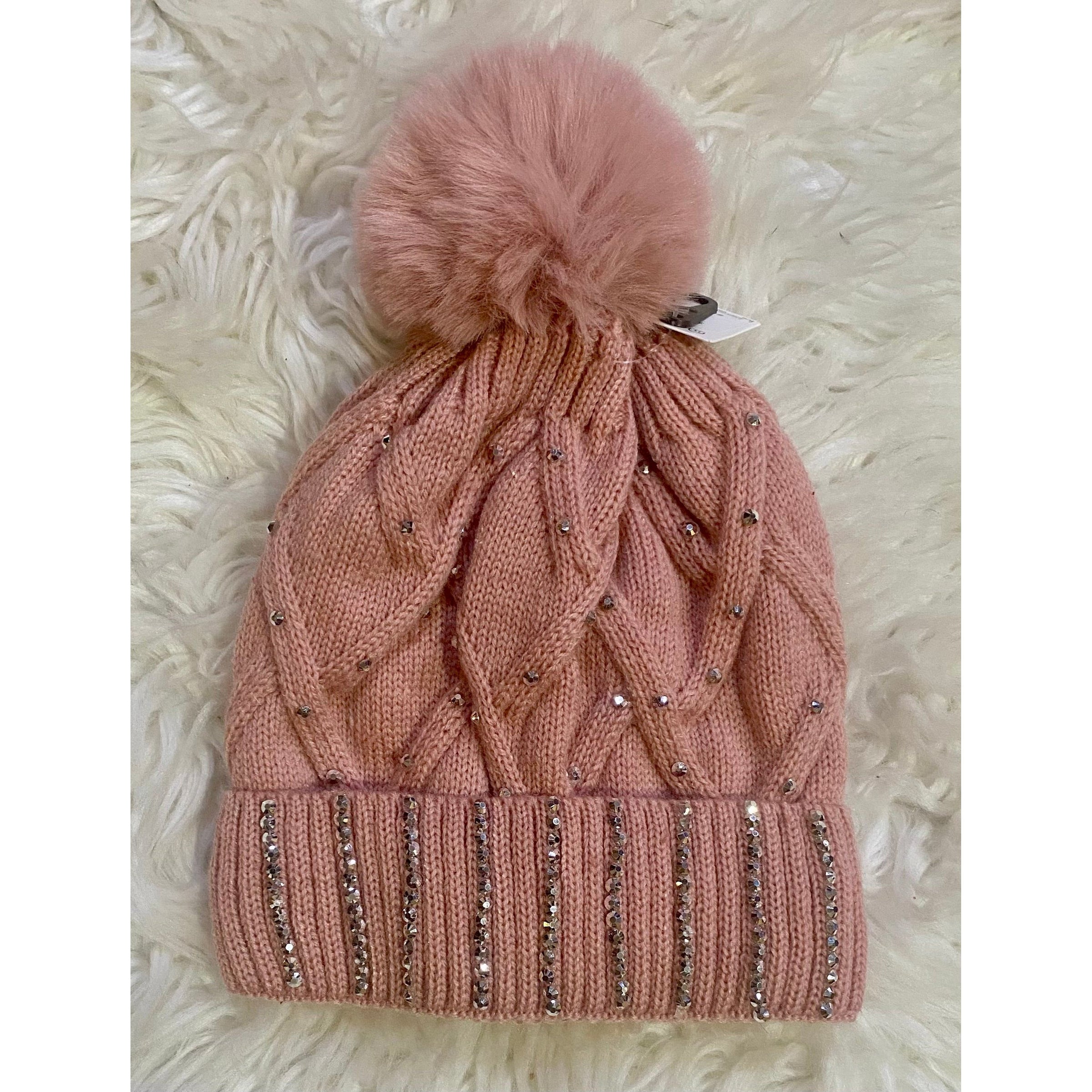 Pink Glam Rhinestone Pom Beanie