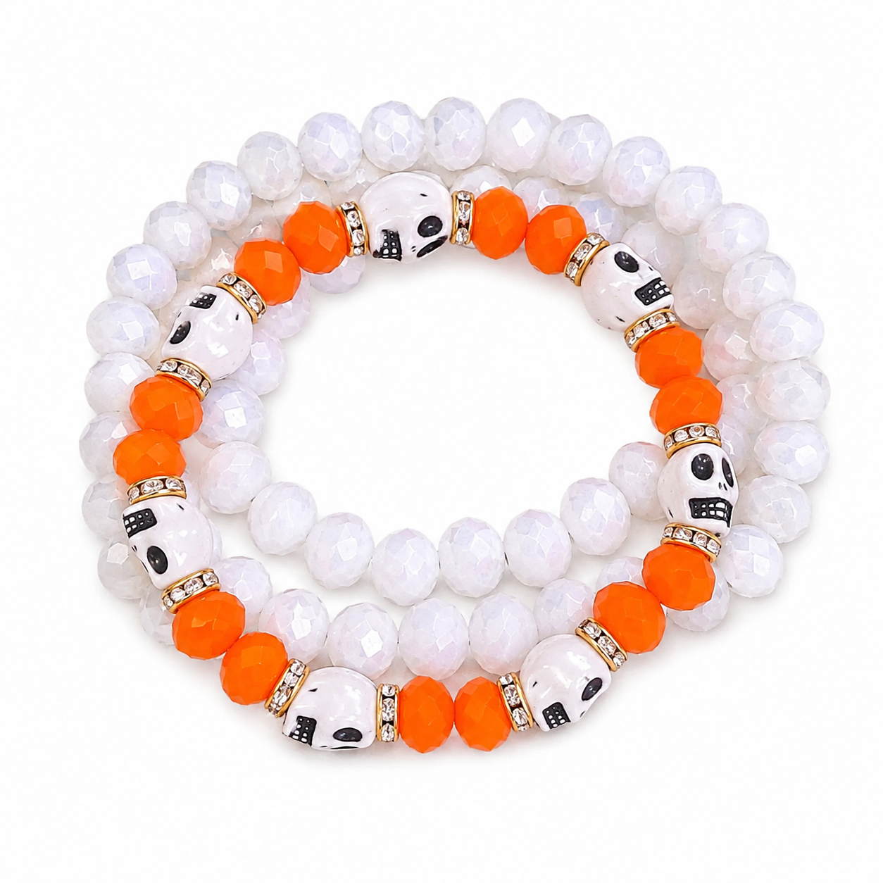 Halloween Sugar Skull Beaded Bracelet Set – 3 Stretchy Bracelets