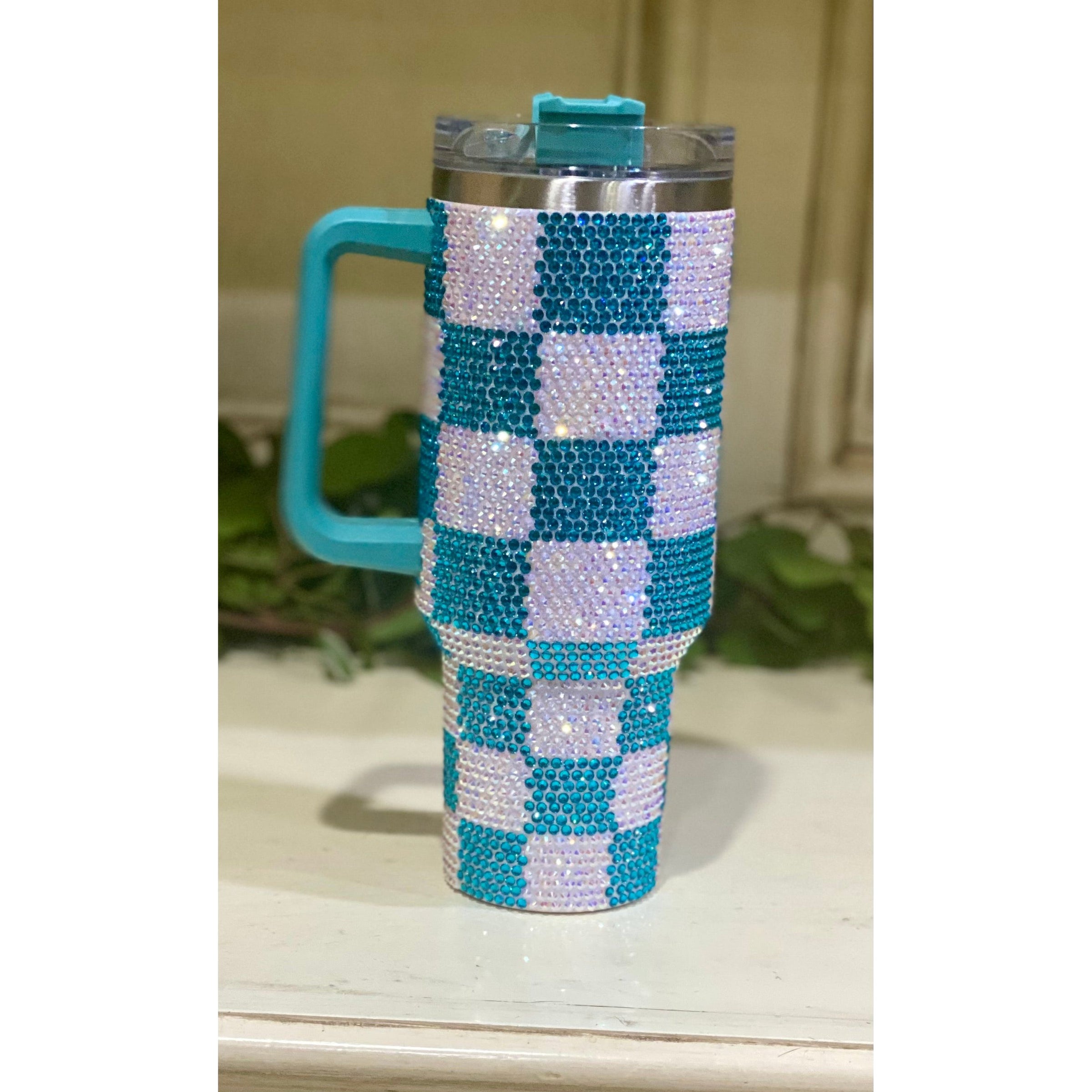 40 oz Turquoise and White Checkered Rhinestone Tumbler