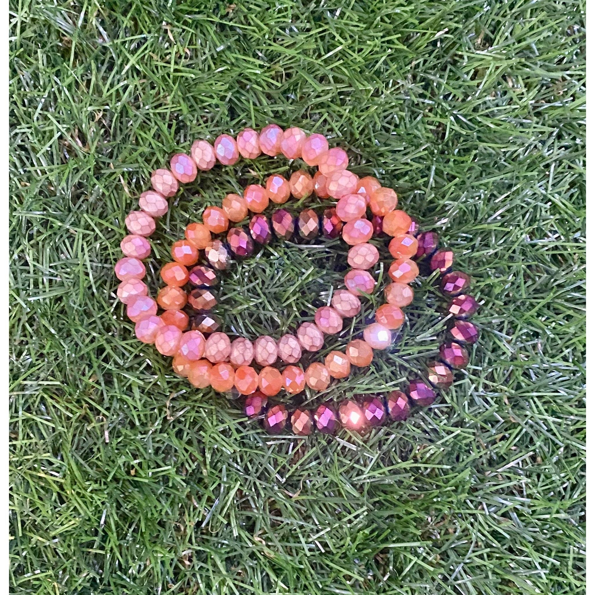 3 Champagne Bronze and Peachy Orange Beaded Stretchy Bracelets