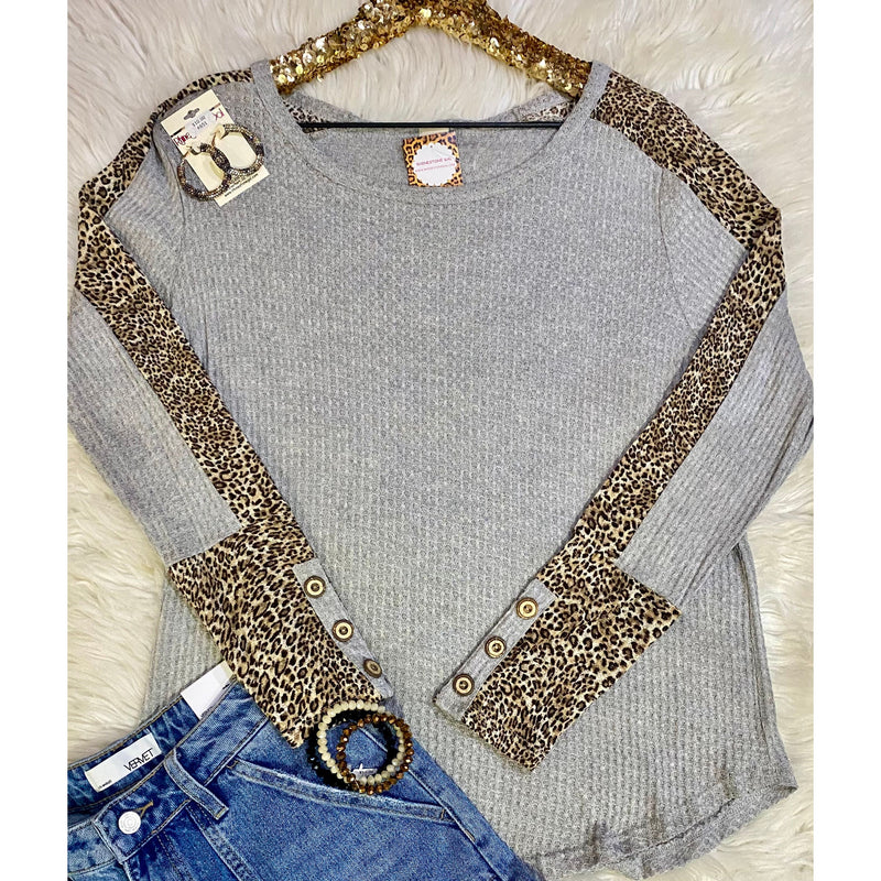 Heather Gray Waffle Top with Leopard Stripe Sleeve