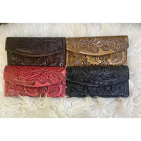 Tri Fold Tooled Leather Wallet - Rhinestone Gal