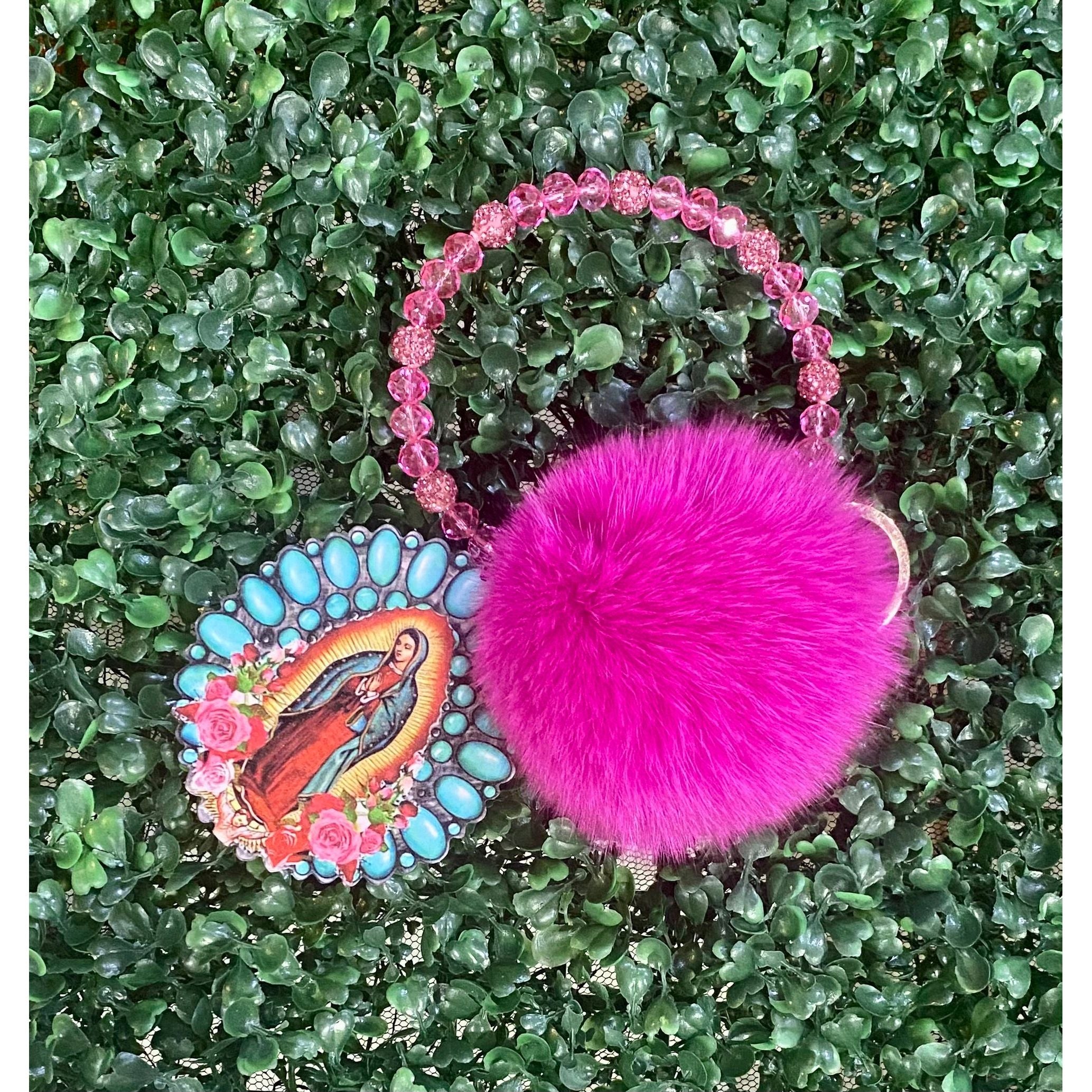 Hot Pink Beaded Pom Pom Keychain with Guadalupe Charm