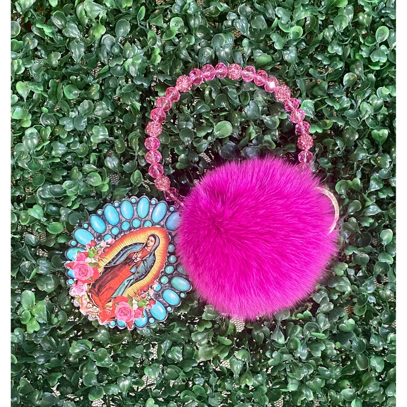 Hot Pink Beaded Pom Pom Keychain with Guadalupe Charm