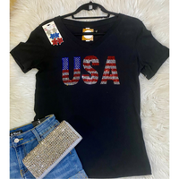 USA Stars & Stripes Rhinestone V-Neck Tee – Sparkle in Patriotic Style