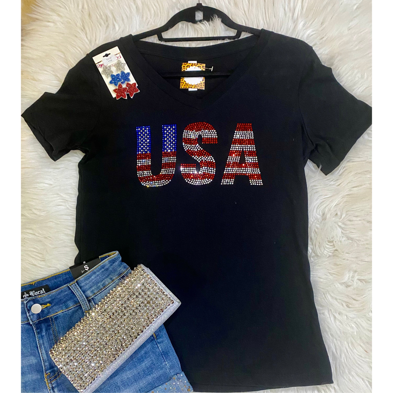 USA Stars and Stripes Rhinestone V Neck Tee