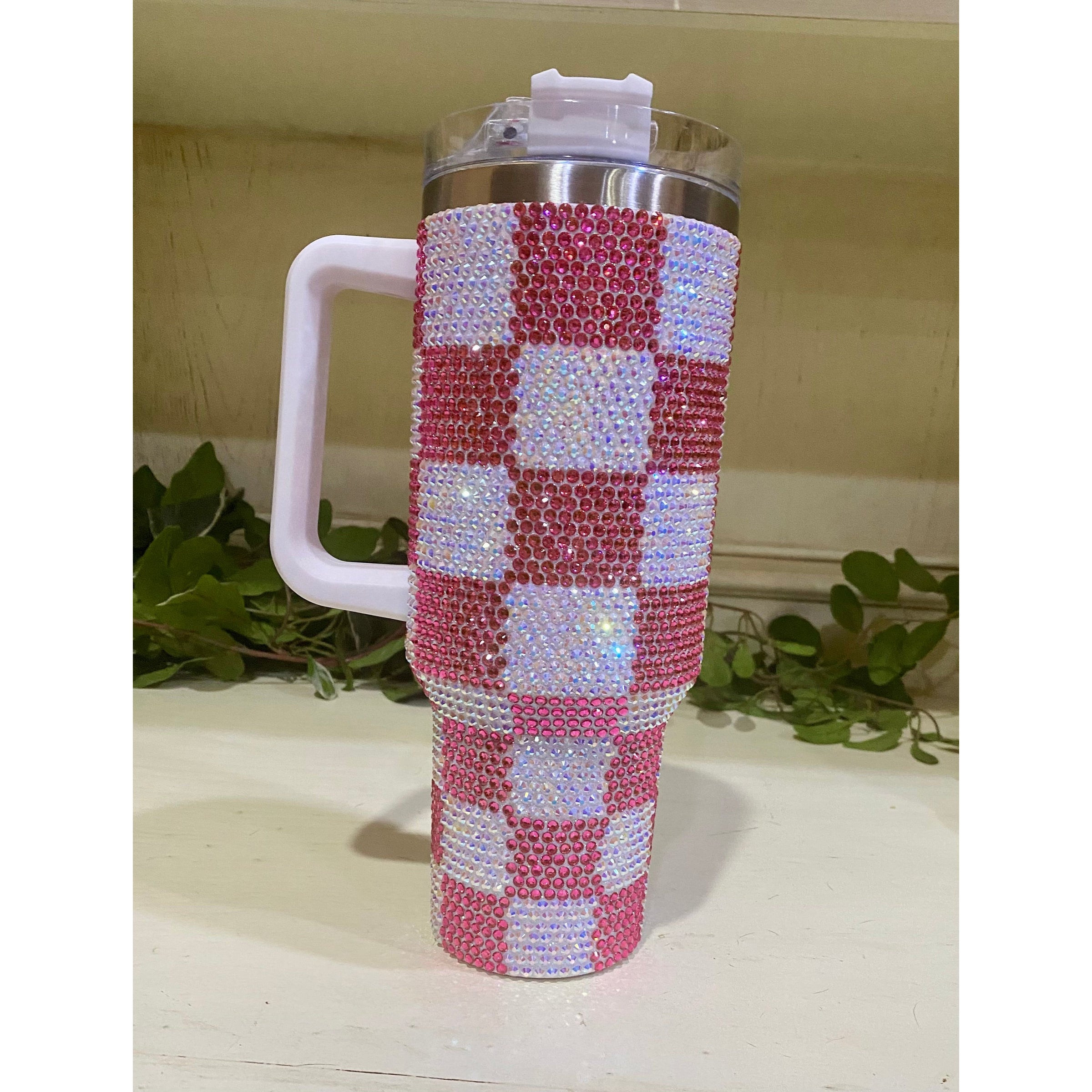 40 oz Pink and White Checkered Rhinestone Tumbler