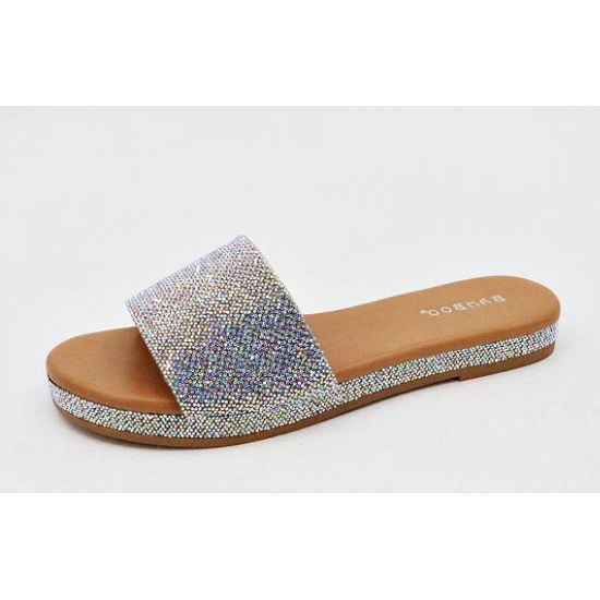 Iridescent Rhinestone Wide Strap Sandals - Rhinestone Gal