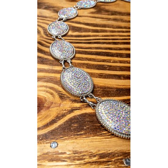 Silver Chain Belt with Oval AB Rhinestone Conchos - Rhinestone Gal