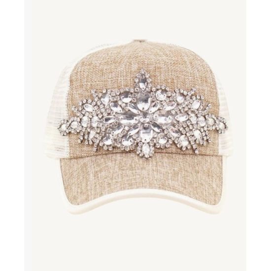 Beige Crystal Embellished Trucker Cap