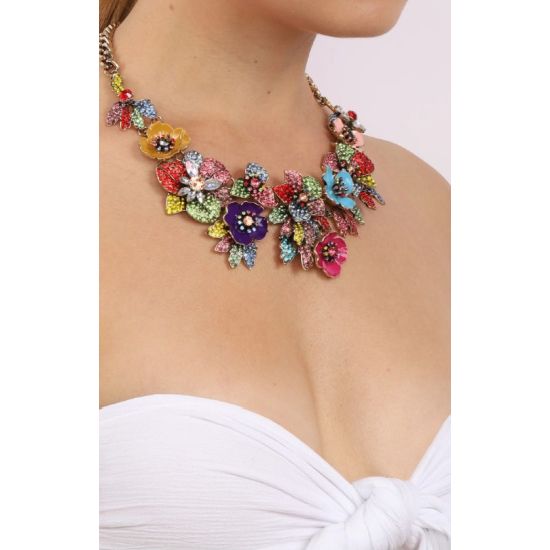 Amata Multicolor Floral Crystal Statement Necklace – Gold Tone Chunky Bib Necklace