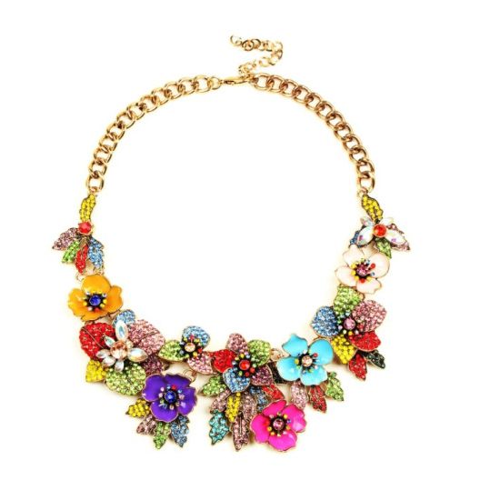 Amata Multicolor Floral Crystal Statement Necklace – Gold Tone Chunky Bib Necklace
