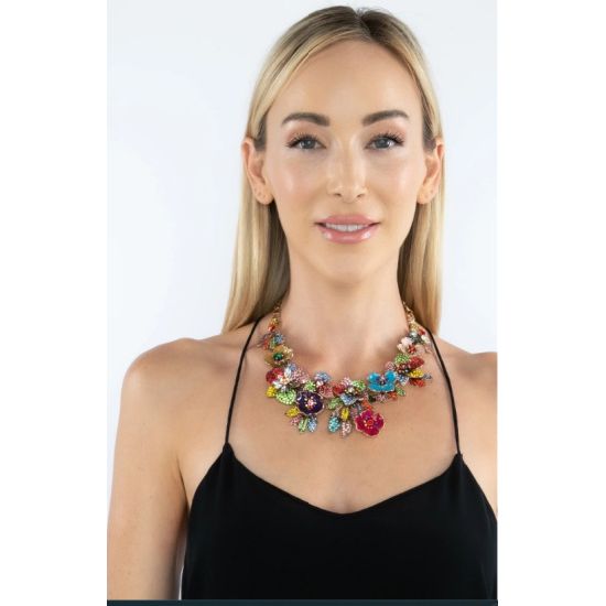 Amata Multicolor Floral Crystal Statement Necklace – Gold Tone Chunky Bib Necklace