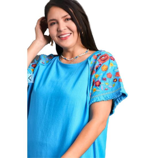 Turquoise Linen Plus Top with Embroidered Sleeves
