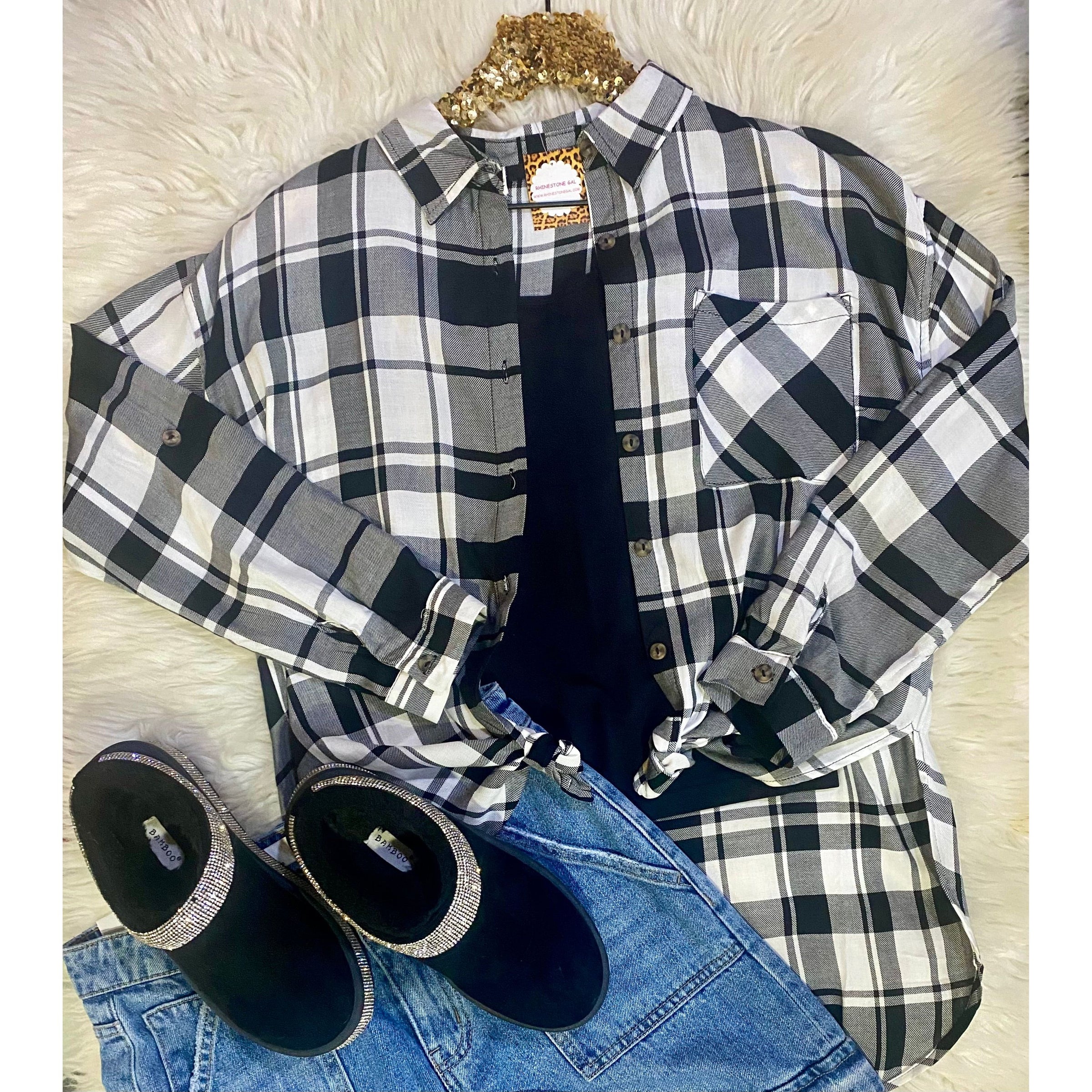 Black & White Plaid High-Low Button-Up Shirt