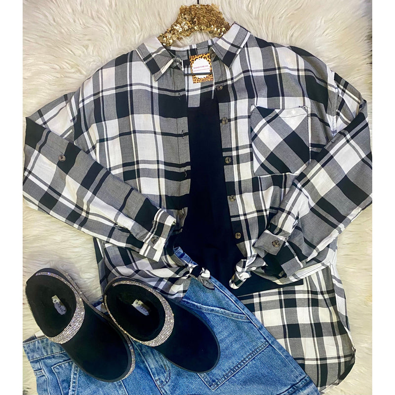 Black & White Plaid High-Low Button-Up Shirt