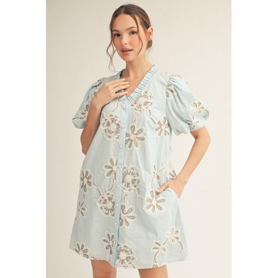Baby Blue 3D Floral Puff Sleeve Button Down Dress