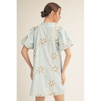 Baby Blue 3D Floral Puff Sleeve Button Down Dress