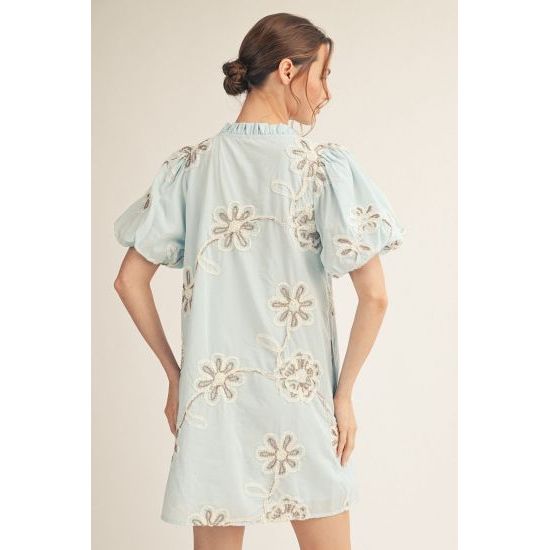 Baby Blue 3D Floral Puff Sleeve Button Down Dress