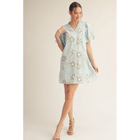 Baby Blue 3D Floral Puff Sleeve Button Down Dress