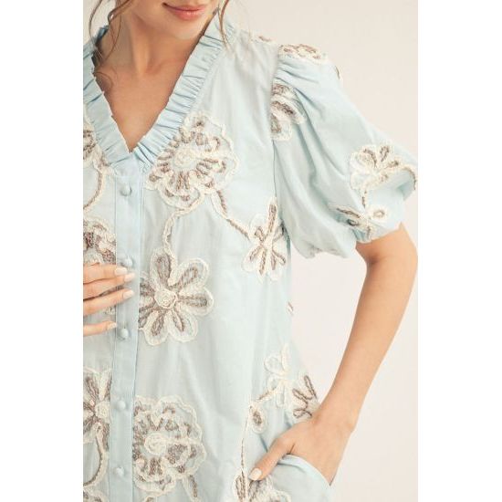Baby Blue 3D Floral Puff Sleeve Button Down Dress