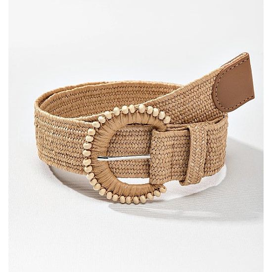 Camel Straw Stretchy Belt with Decor Buckle - Rhinestone Gal