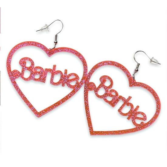 Pink Glitter Barbie Heart Acrylic Earrings
