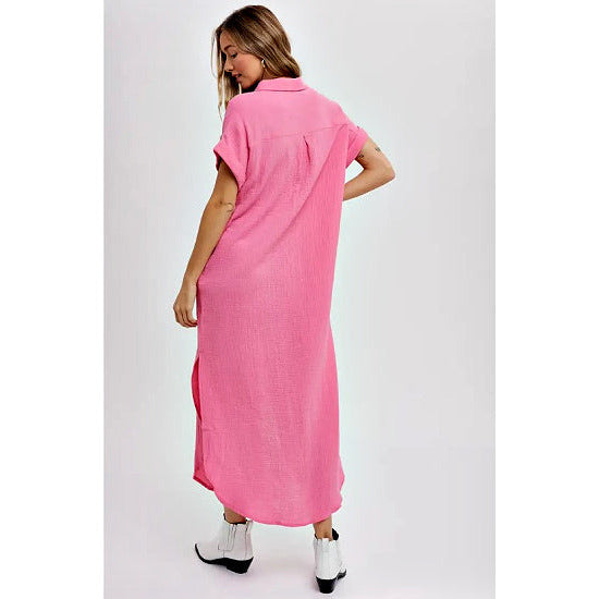 Barbie Pink Maxi Button Up Shirt Dress with Pocket