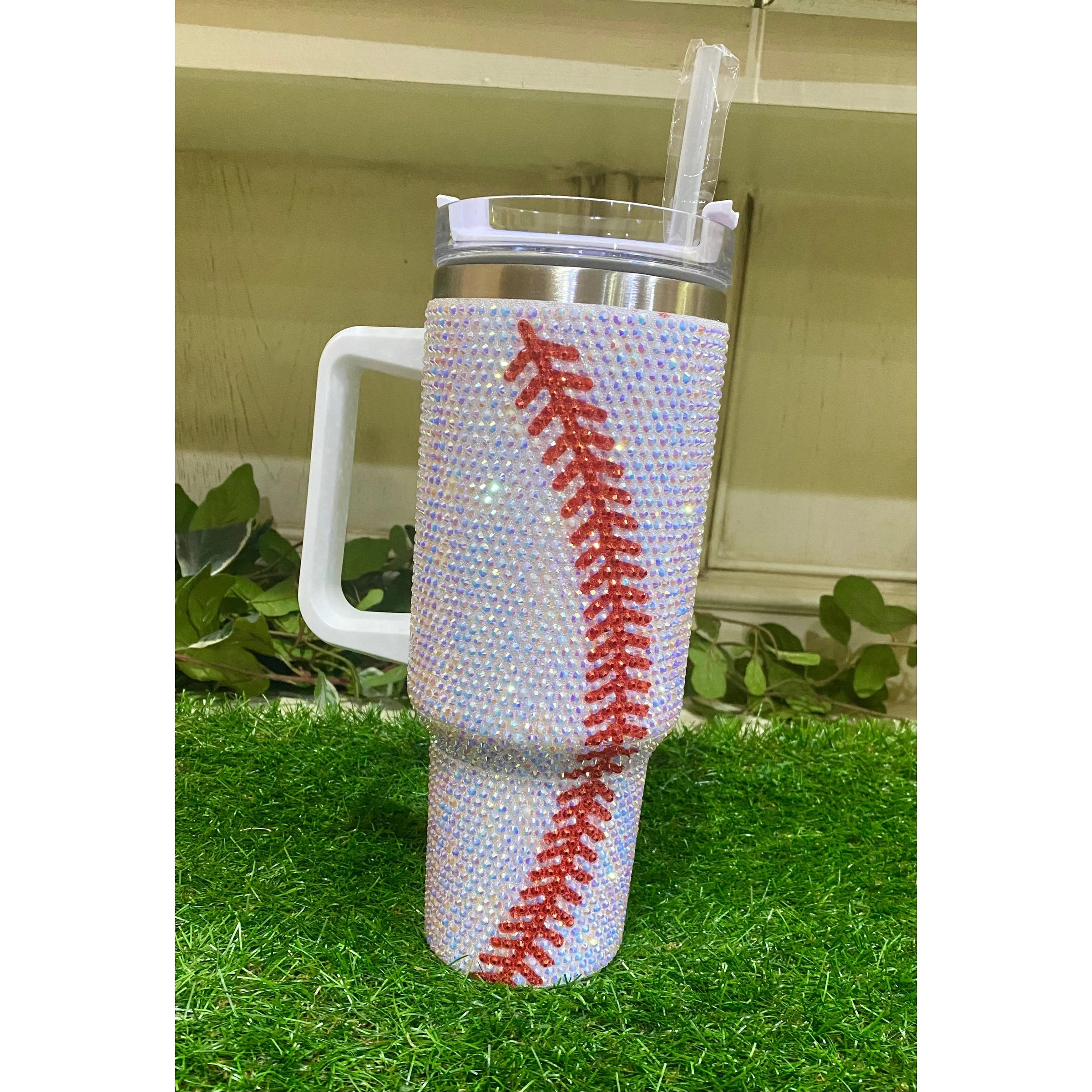 40oz Rhinestone Baseball Tumbler with Handle & Straw