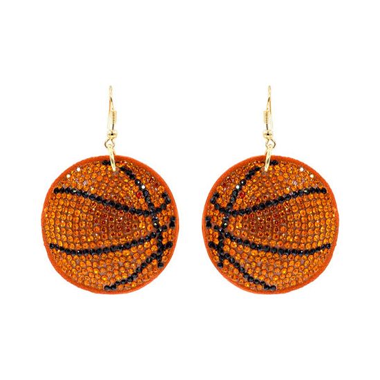 Orange Basketball Crystal Puffy Hook Earrings - Rhinestone Gal