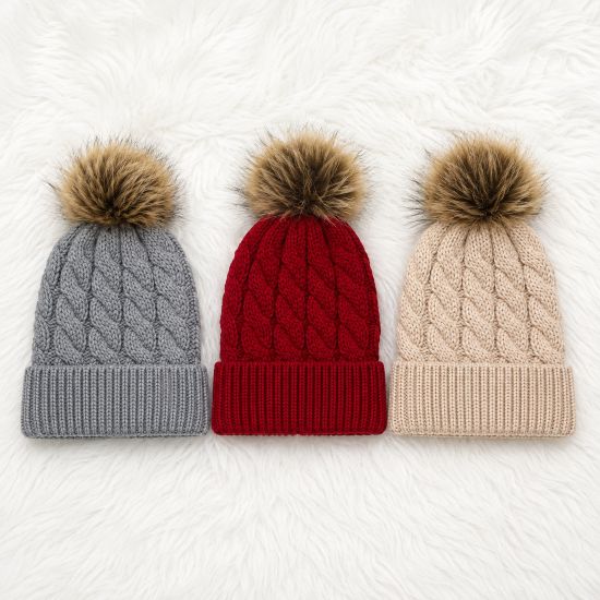 Oversize Knit Beanie with Fur Pom Pom
