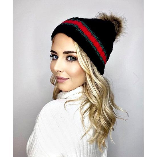 Black Striped Insulated Beanie with Fur Pom Pom - Rhinestone Gal