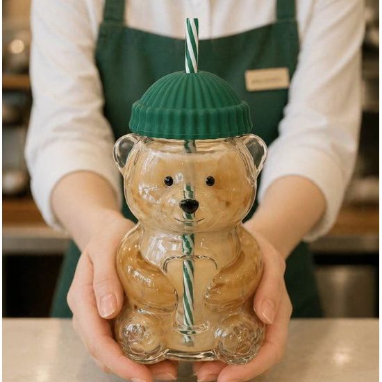 Bear Glass Tumbler with Green Lid