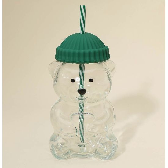 Bear Glass Tumbler with Green Lid