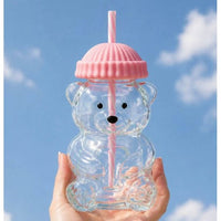 Bear Glass Tumbler with Pink Lid