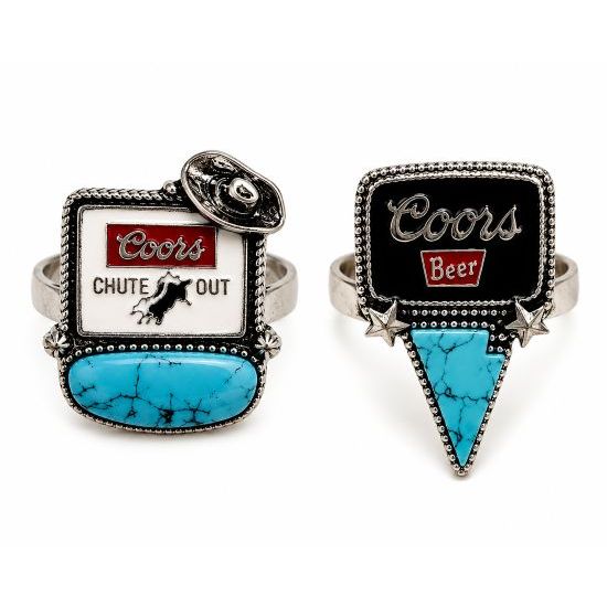 Vintage Western Beer Rings – Adjustable Turquoise Accents