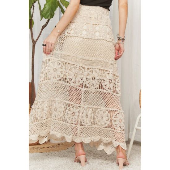 Beige Crochet Lace Maxi Skirt with Drawstring Waist – Boho Cotton Blend