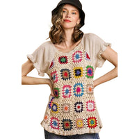 Oatmeal Linen Top with Colorful Crochet Patches