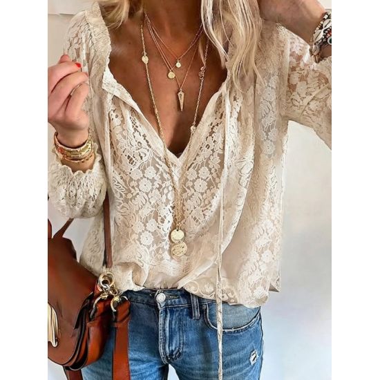 Beige V-Neck Lace Blouse